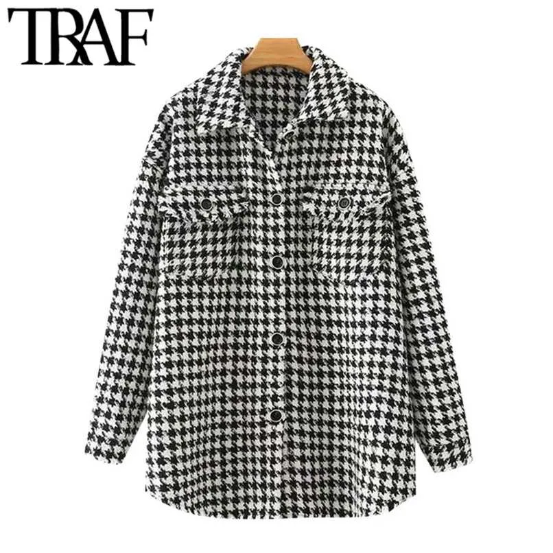 TRAF Women Fashion Oversized Houndstooth Frayed Tweed Jacket Coat Vintage Långärmad Fickor Kvinnlig Ytterkläder Chic Top 211109