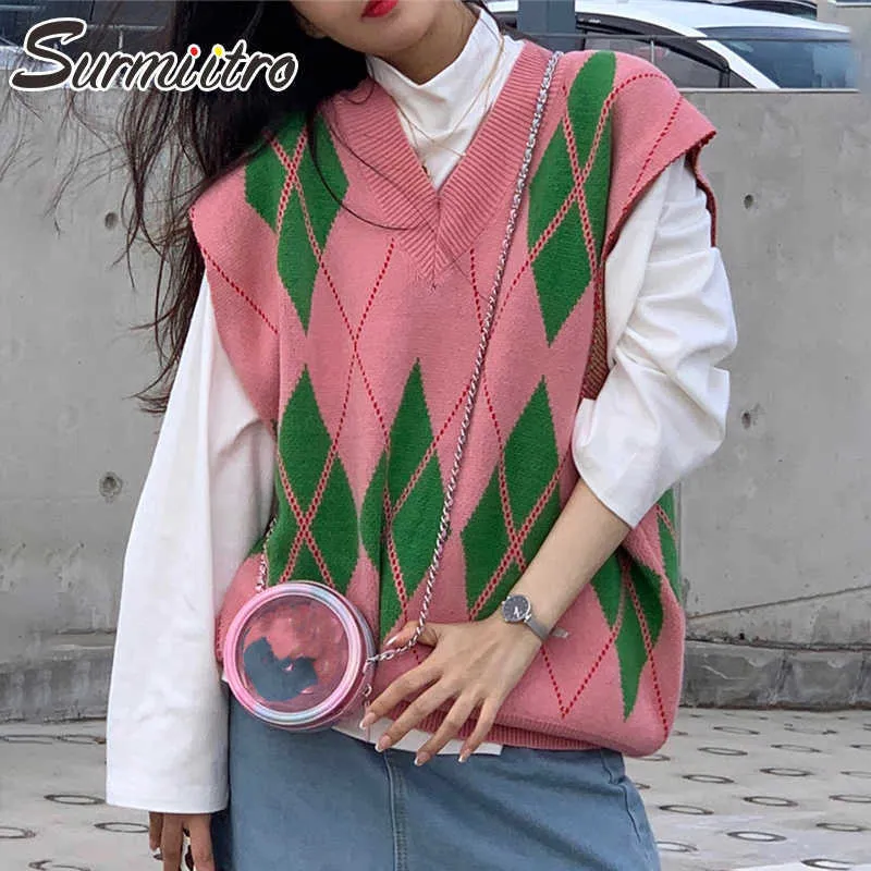 Surmiitro lente herfst losse gebreide trui vest vrouwen roze groene plaid mouwloze vest vrouwelijke Koreaanse stijl tops 210712