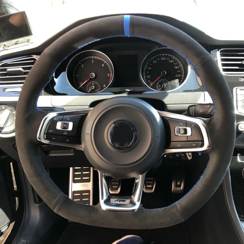 Housse de volant de voiture en cuir véritable noir antidérapant, pour Volkswagen VW Golf R MK7 Golf 7 GTI VW Polo GTI Scirocco 2015 2016