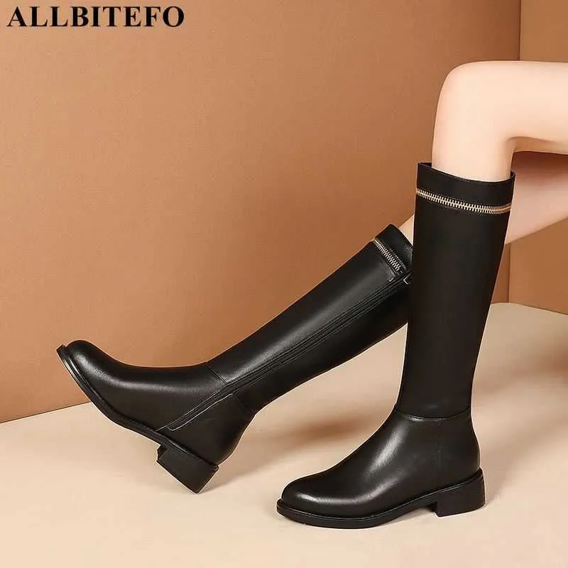Allbitefo taille 34-43 PU + cuir véritable femmes bottes mode talons hauts décontractés femmes bottes hautes chaussures d'hiver bottes longues 210611