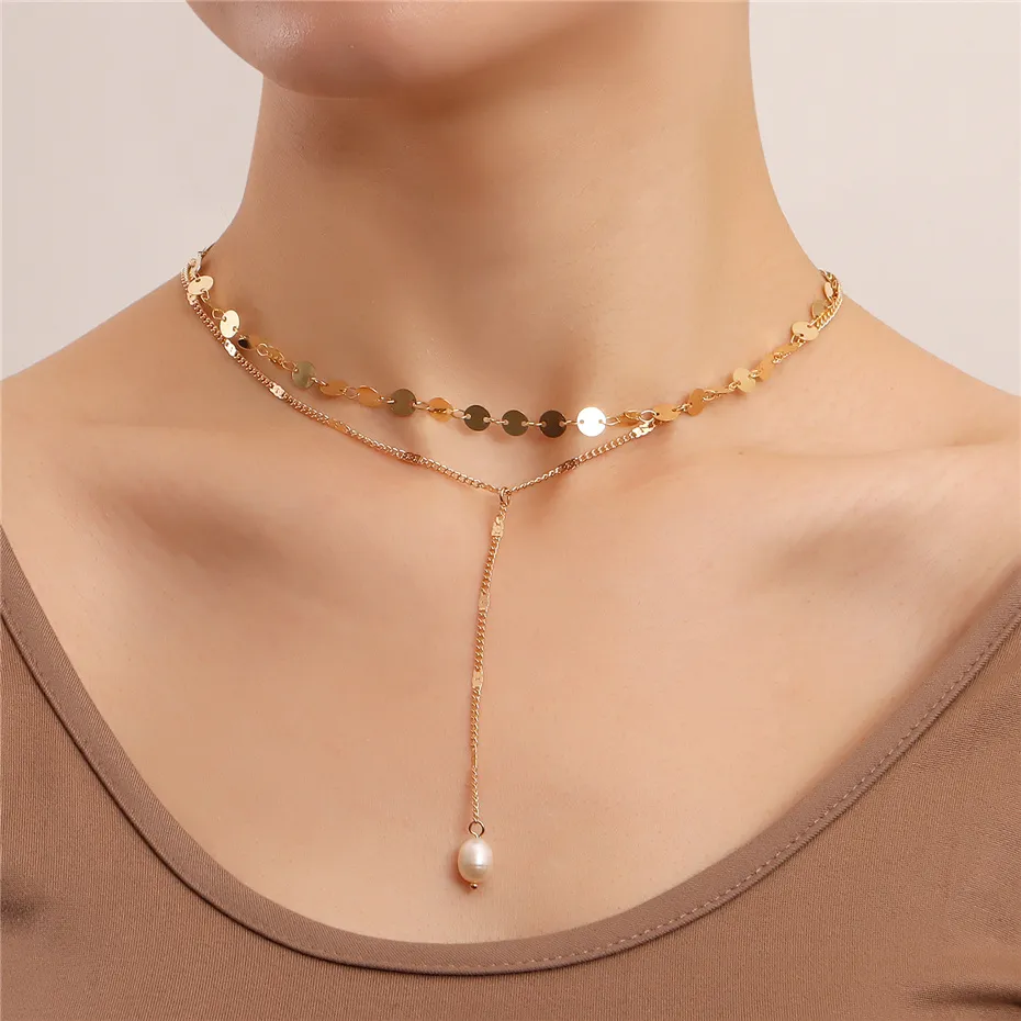 Minimalist Tassel Sequin Choker Necklace Bijoux Femme Pearl Pendant Clavicle Chain Valentine Day Women Sweather Jewelry