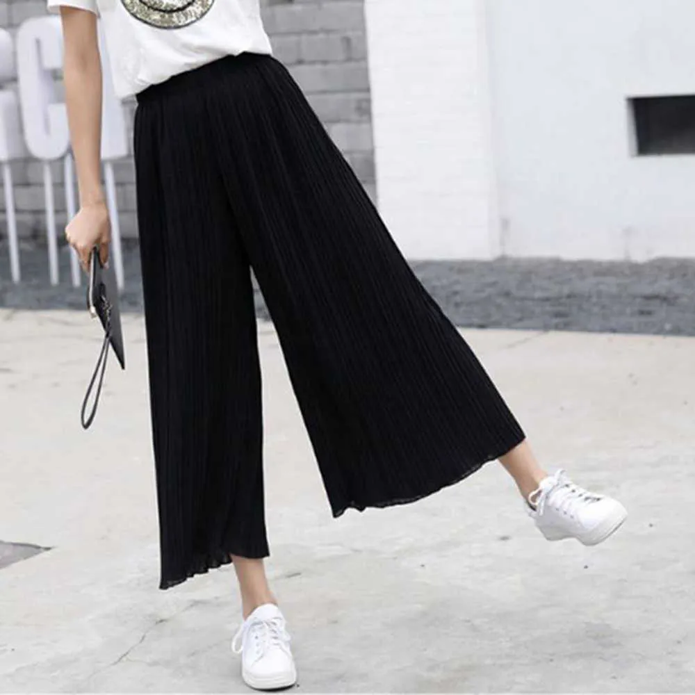 Compra Pantalón Plisado Femenino Pantalones Plisados \u200b\u200bPrimavera De Verano  Negro Casual De La Cintura Elástica Suelta De Alta Pierna Placada De La  Pierna De La Pierna De La Pierna De Gasa Q0801