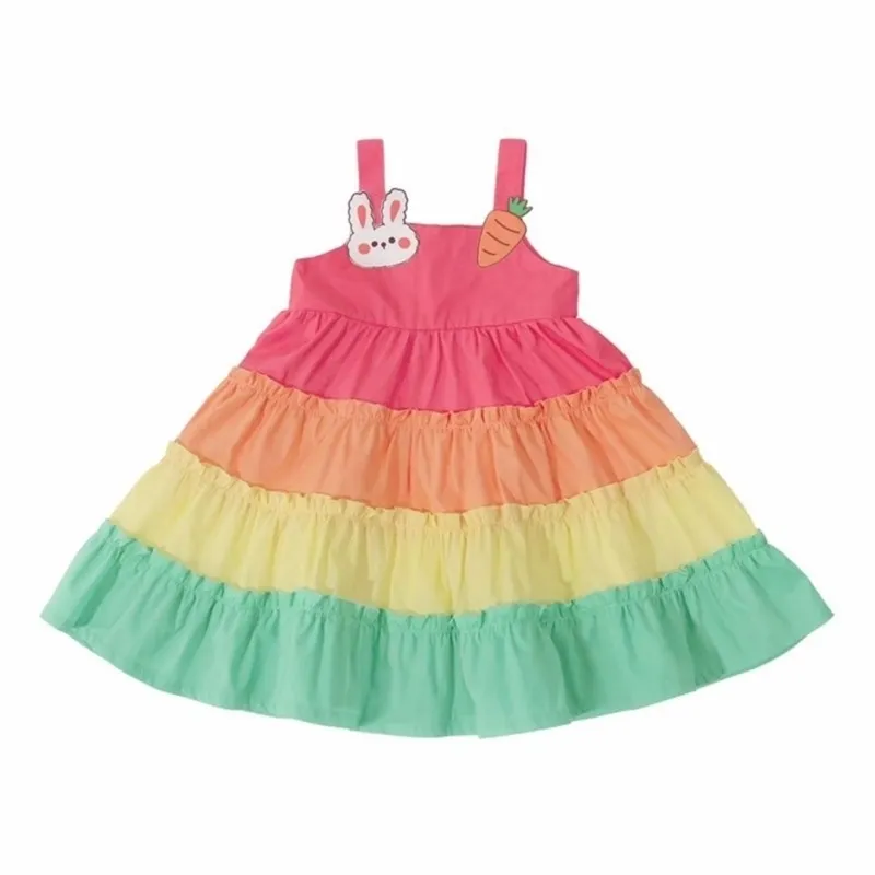 Rainbow color matching girls summer sling cartoon baby foreign style cake dress vest P4305 210622