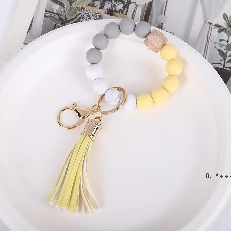 Silicone beaded keychain wood bead bracelet key ring with tassels string party favor wristlet key chain for girl women wrist strap LLD12175