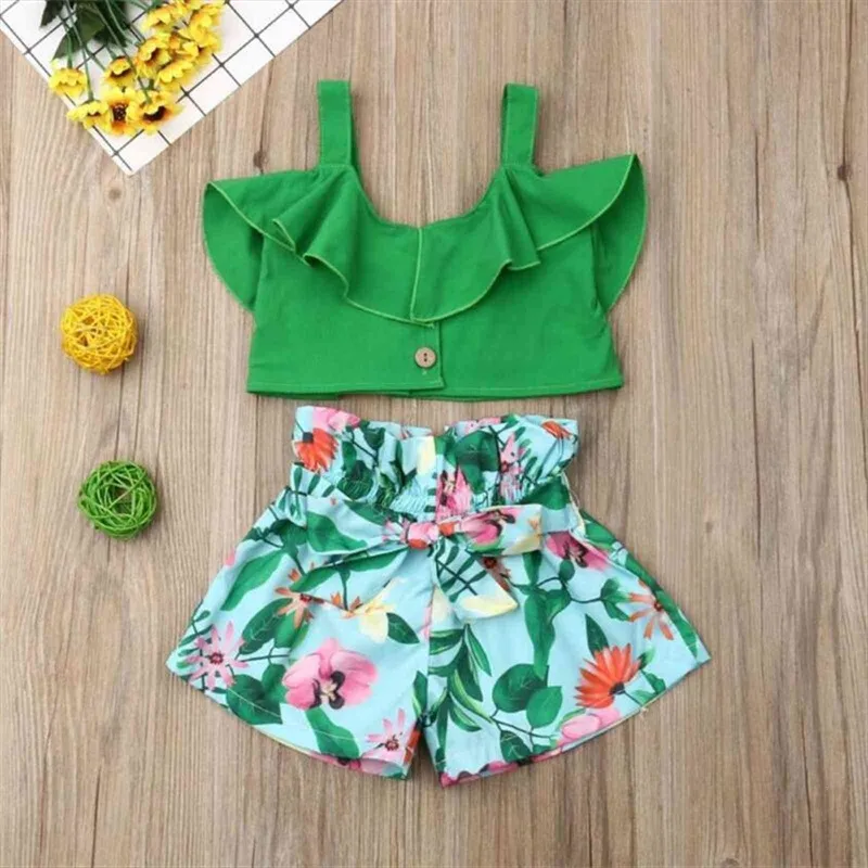 Baby Girls Floral Vest Girl Off Shoulder Crop Tops Kids Printed Shorts Outfits Kid Sleeveless Clothes