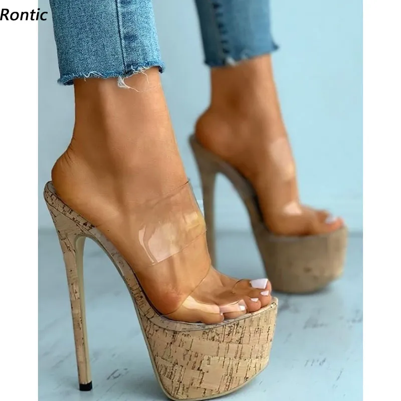 Rontic Yeni Varış Kadın Katır Sandalet PVC Seksi Stiletto Topuklu Peep Toe Pretty Şeffaf Rahat Ayakkabılar ABD Boyutu 5-20