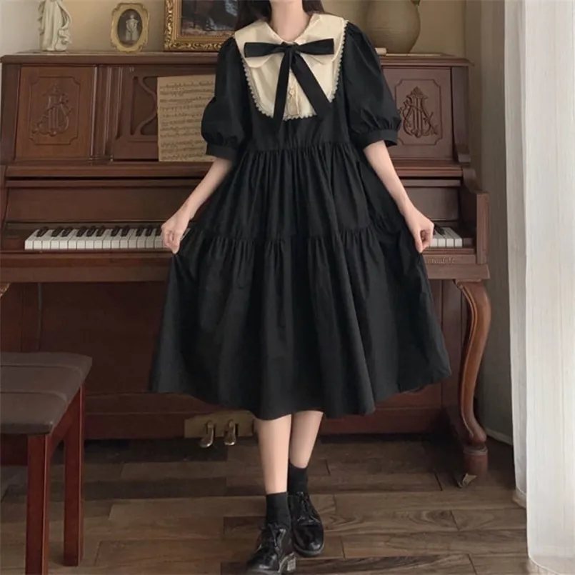 Houzhou Kvinna Ita Dress Kawaii Elegant Vintage Klänningar Vår Söt Söt Puff Sleeve Preppy Style Sundress Fashion Robe 220311