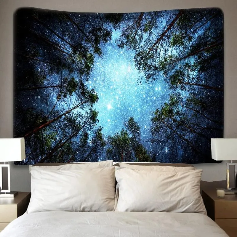 Wandteppiche, Wald, Sternenhimmel, Wandteppich, Wandbehang, 3D-Druck, Galaxie, Milchstraße, Baum, Nacht