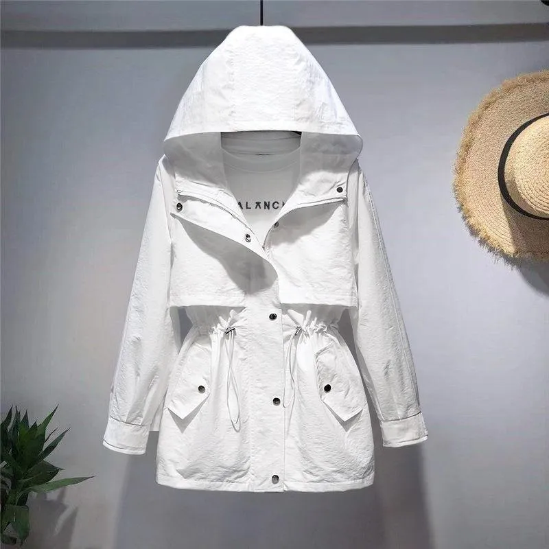 Women's Trench Coats Windbreaker Short Korean Version Hooded Loose Waist White Leisure Spring And Autumn Women Small Cargo Coat Streetwear