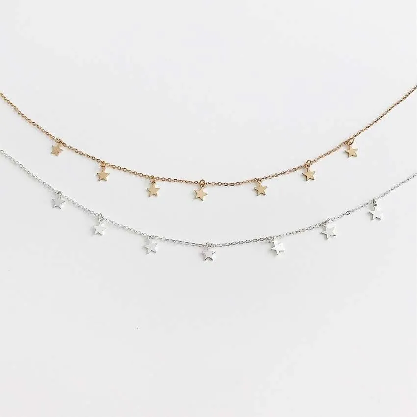 Star Choker Collane gioielli Disc Coin Ciondolo Fatto a mano Semplice argento placcato oro 14K Delicate stelle delicate e girocolli con catena di perline