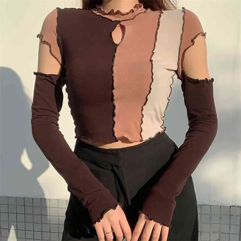 Frill T Shirt Cut Out Crop op For Women Y2K Pullovers Contrast Long Sleeve Short Harajuku Clubwear Autumn op 210623