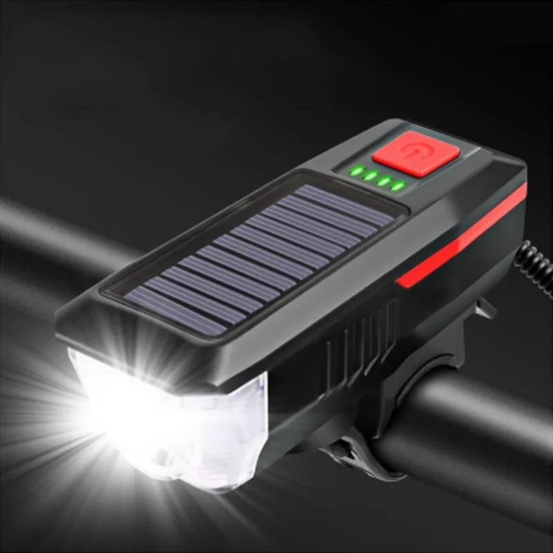 Solar Charging Fietsverlichting 3 Modi LED Road Mountain Bike Front Licht Waterdichte Fiets Bell USB Oplaadbare Koplamp