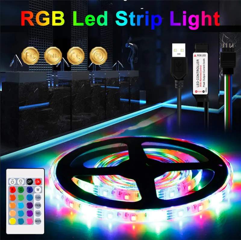 RGB LED Strip Light DC 5V 1M/2M/3M/4M/5M Waterproof RGBW Strips Lights Flexible Ribbon Indoor Bedroom TV Backlight Lighting