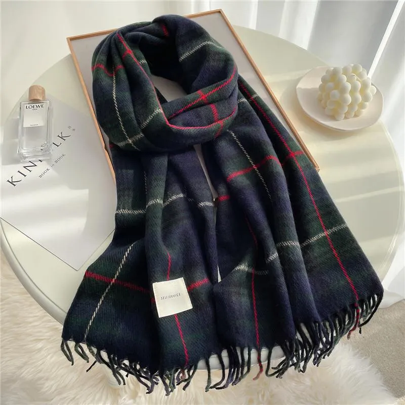 Scarves Winter Plaid Scarf Design Kvinnor Cashmere Varm Sjal Lady Wrap Tassel Stickade Män Foulard Tjock Blanket 2021