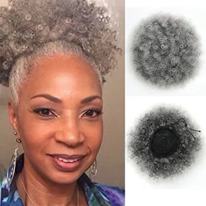 Afro puff dragkedja hästsvans för svarta kvinnor, wraps kort ponny svans bun naturligt hår, afroamerikanska kinky lockiga ponytails hårstycken med clips rökig grå 120g