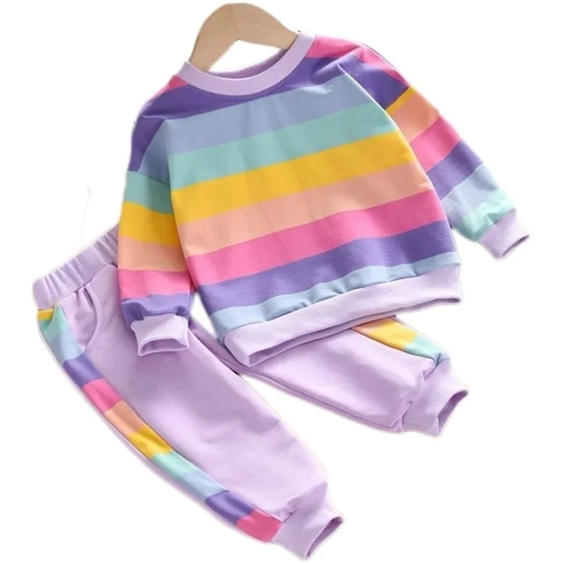 Enfants Vêtements Printemps Automne Filles Mode rainbowT-shirt + Pantalon 2pc Outfit Enfants Vêtements Sport Suitr Filles Ensembles 2-8Y 211021