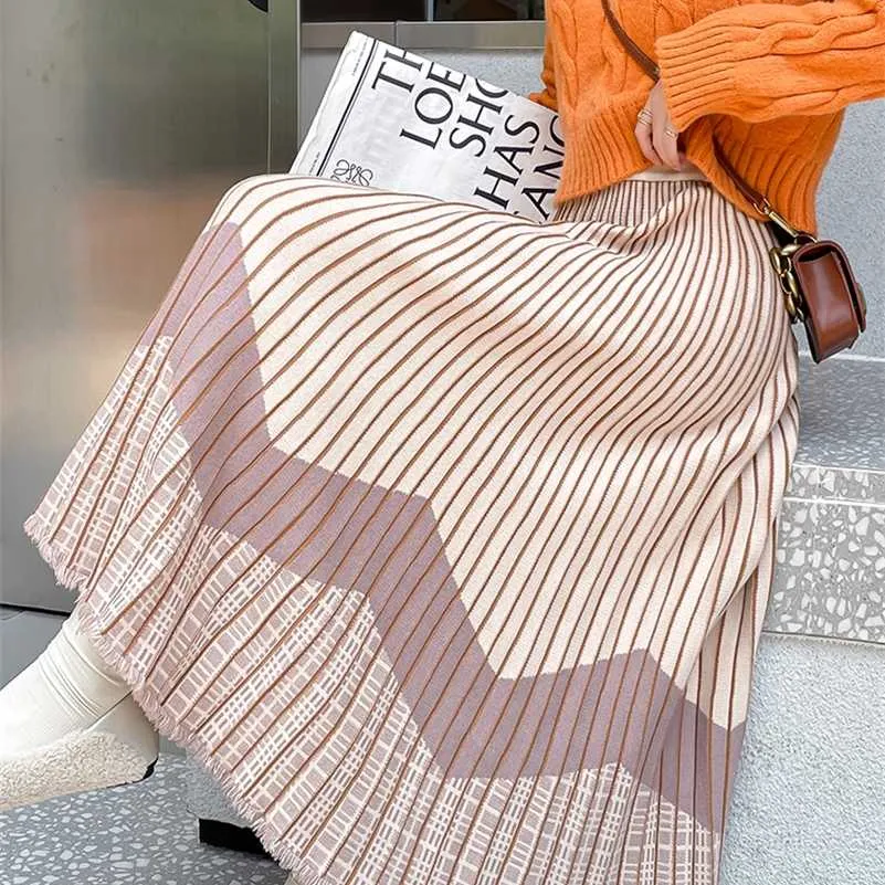 Tigena秋冬ニット女性のための長いスカートのためのロングスカートエレガントなタッセル裾の縞模様のラインハイウエストプリーツミディスカート女性211120