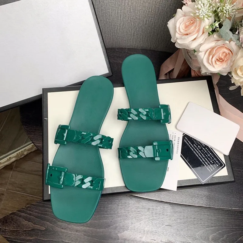Brand Women Slippers Designers Plastic Chain Jelly Sandals Summer Lady Solid Flat Slides Fashion Patent Leather Stylist Sandal