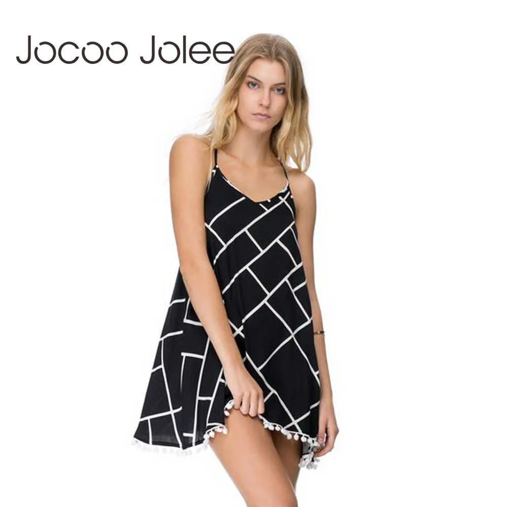 Jocoo Jolee Criss Cross Back Mini платье Spaghetti ремешок с белдомным рукавом свободное платье лето женское повязка сексуальное скольжение платье 210619