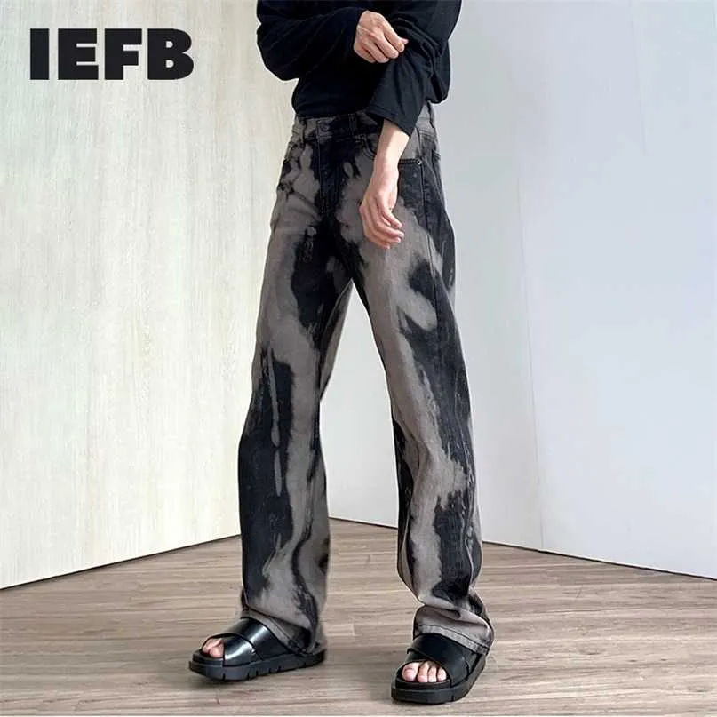 IEFB Herr slitage Tvättad Svart Grå Jeans Koreanska StreetWear Trend Lossa Straight Denim Byxor Tie Dye Long 9Y6579 211108