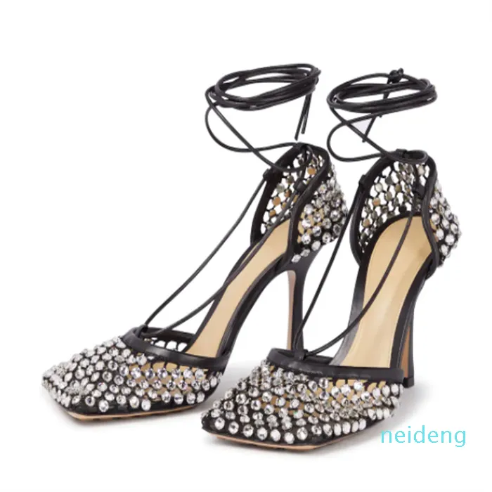 Осенние сетки алмазные сандалии на высоком каблуке дамы открытые пальцы пальцы пальцев 565
