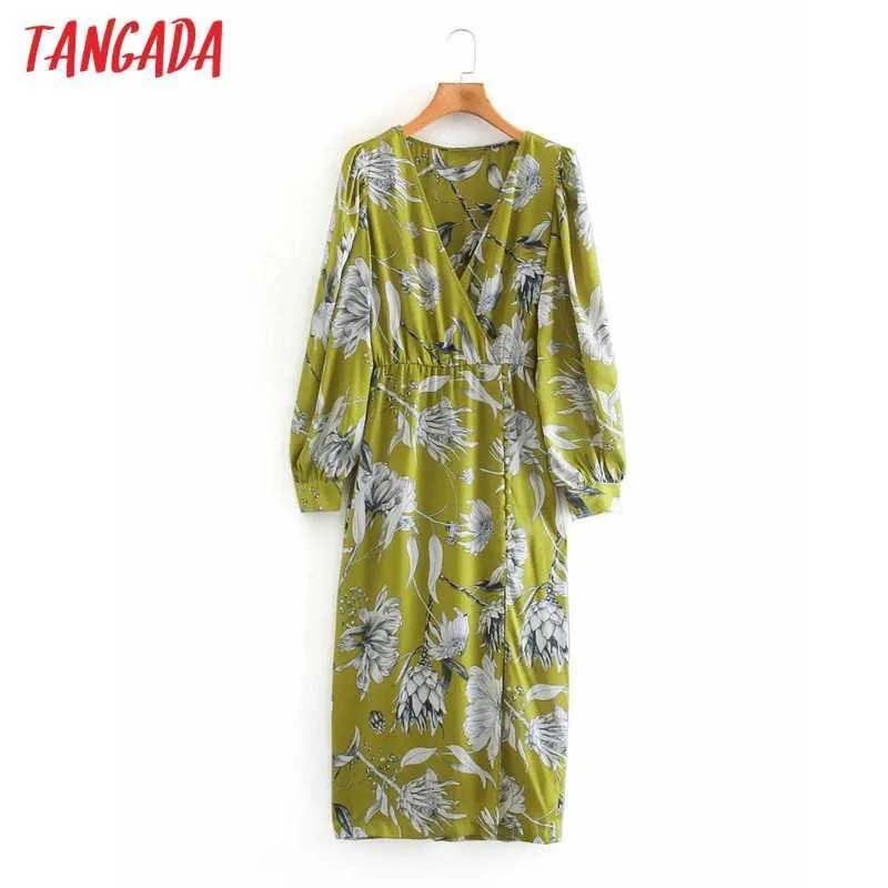 タンガダ秋のファッション女性花プリントシャツドレスvネックオフィスレディースボタンMidi Dress 2W152 210609