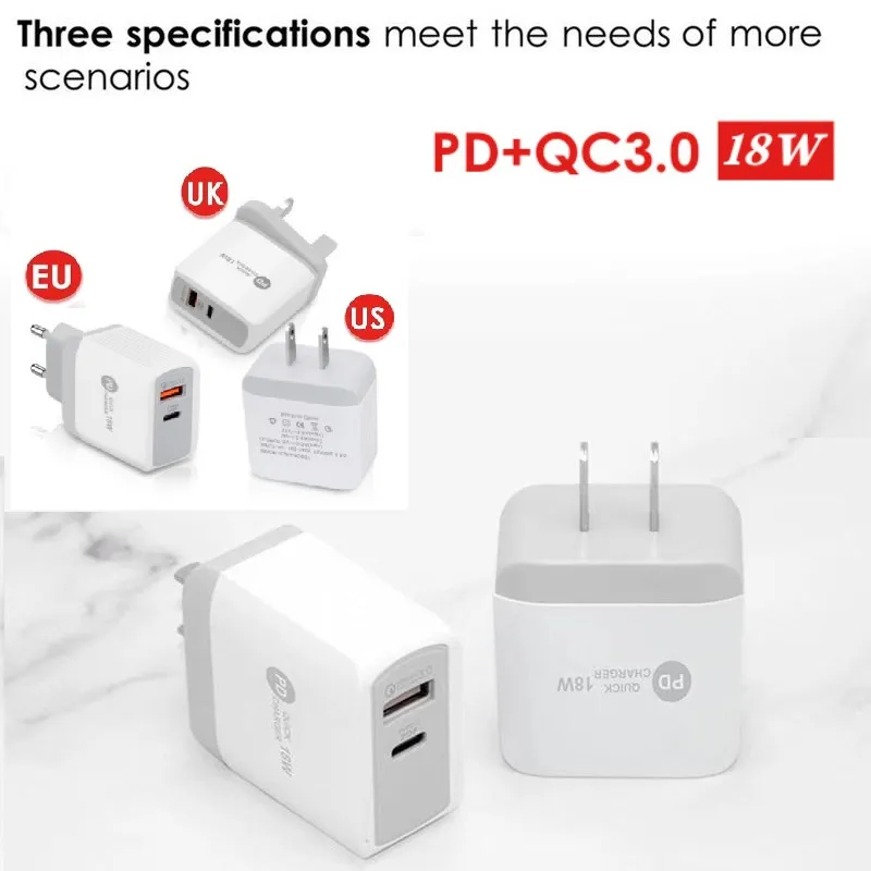 18W PD + QC3.0 Typ C laddare Fast Wall Chargers EU UK US Plug för iPhone Xiaomi Samsung grossistpris