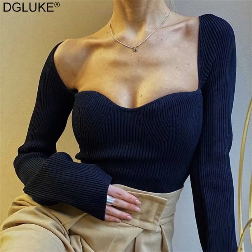 秋の女性のセータースクエアカラー長袖ニットプルオーバージャンパーファッションエレガントなニットトップホワイトブラック211018