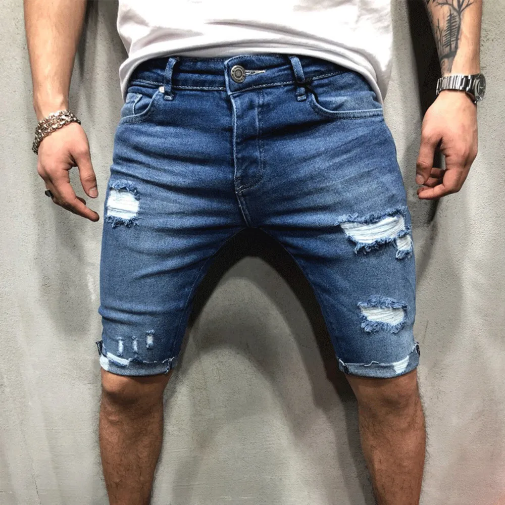 Nya män Brand Shorts Jeans korta byxor förstörde magra jeans rippade byxa frayed denim C0222