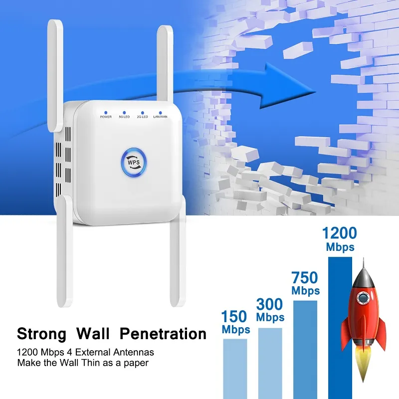 Répéteur Wifi longue portée 5G Amplificateur de Signal Wifi Extension de réseau Wi-fi Amplificateur Wifi 1200m 5Ghz Répéteur sans fil Wi Fi 5 Ghz