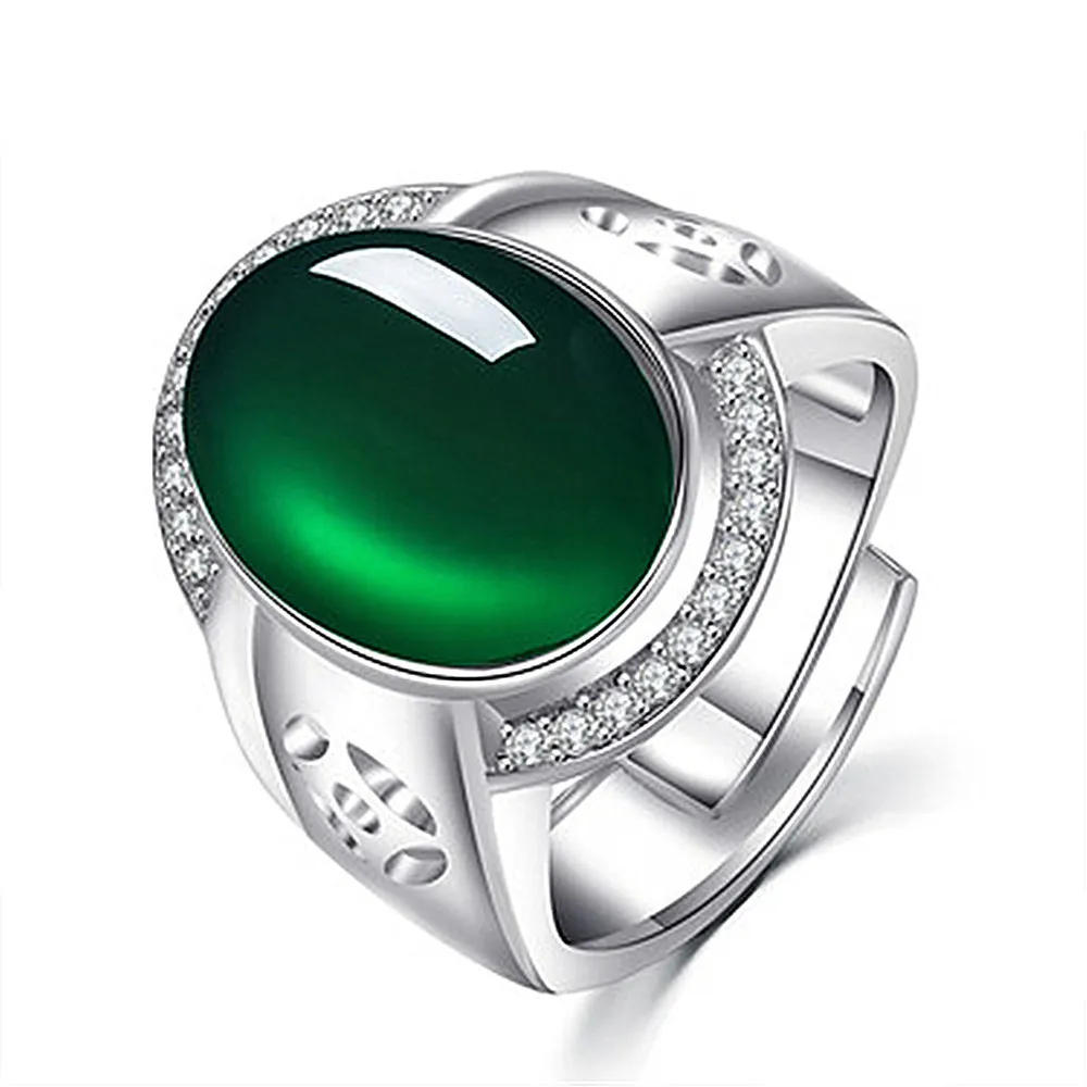 Luxuriöse grüne Jade, Smaragd, Edelsteine, Diamanten, Ringe für Herren, Weißgold, Silberfarbe, Schmuck, Bague, maskulines Accessoire, Partygeschenke