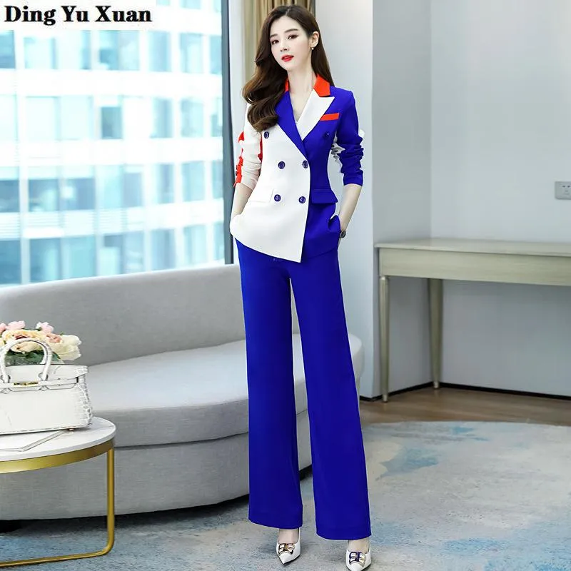 Blue White Patchwork Business Suits Ladies 2 Two Piece Set Pants and Blazer Suite for Women Elegant Office Woman Pants Suits