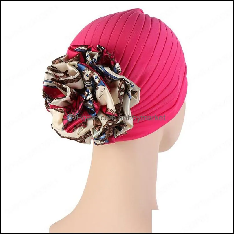 Indian Turban Women Big Flower Bonnet Headscarf Muslim Hijab Solid Color Headwear Chemo Cancer Cap Pleated Scarf Wrap Hat Cap