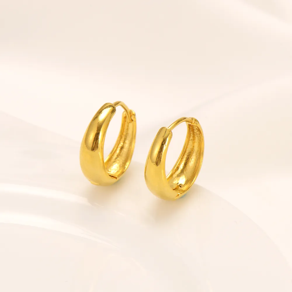 24kt Yellow Solid Fine Gold GF Over Hoop Medium Simple Everyday Wear Earrings For Women 1 Pair