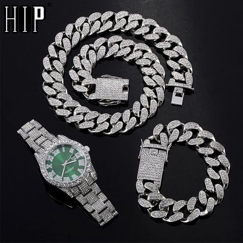 HIP HOP 20MM 3PCS KIT WATCH + Ожерелье + браслет Bling Crystal AAA + Cyed Out Cuban Rhinestones Цепи для женщин Мужские Украшения