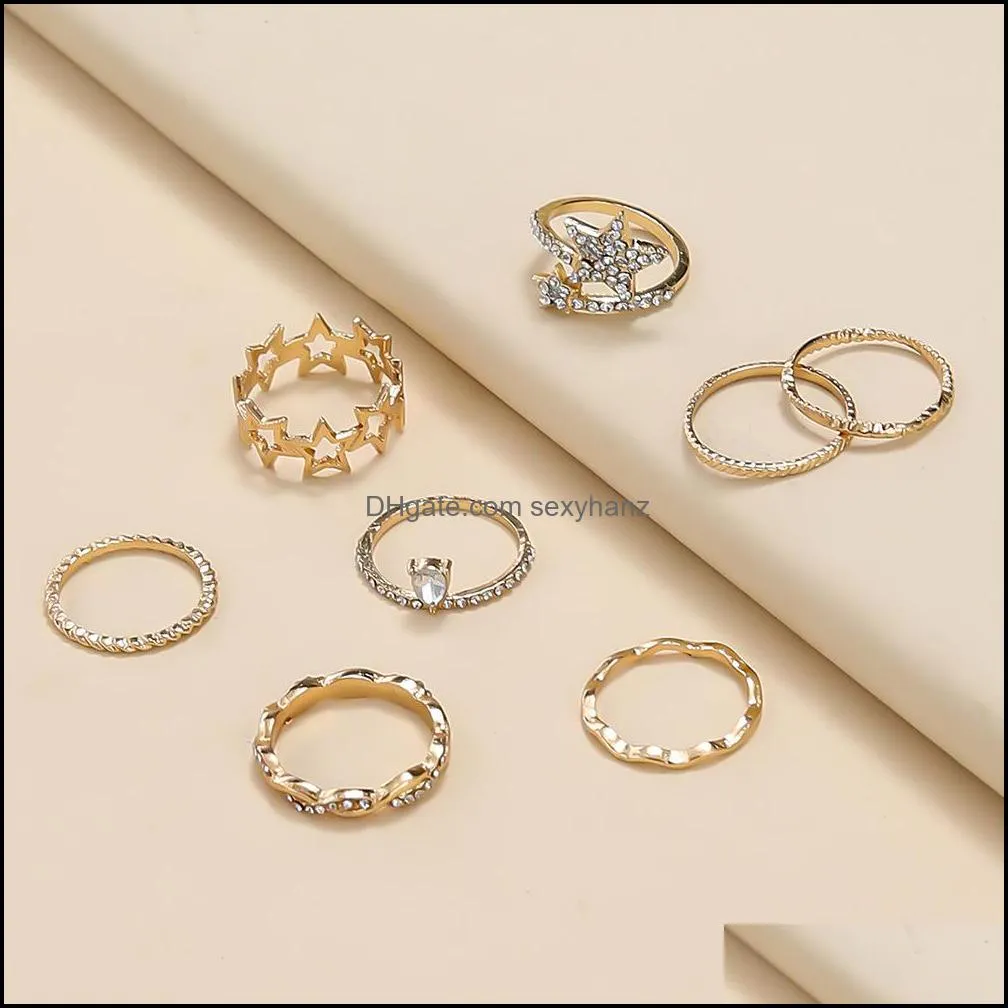 S2561 Fashion Jewelry Vintage Knuckle Ring Set Rhinstone Geomtric Five Piont Star Rings Sets 8pcs/set