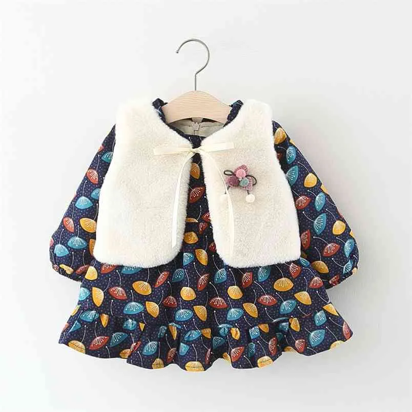 Babymeisje jurk winter warme mode lange mouwen floarl bedrukt plus fluwelen jurk + bont vest 2ps peuter outfits 210528