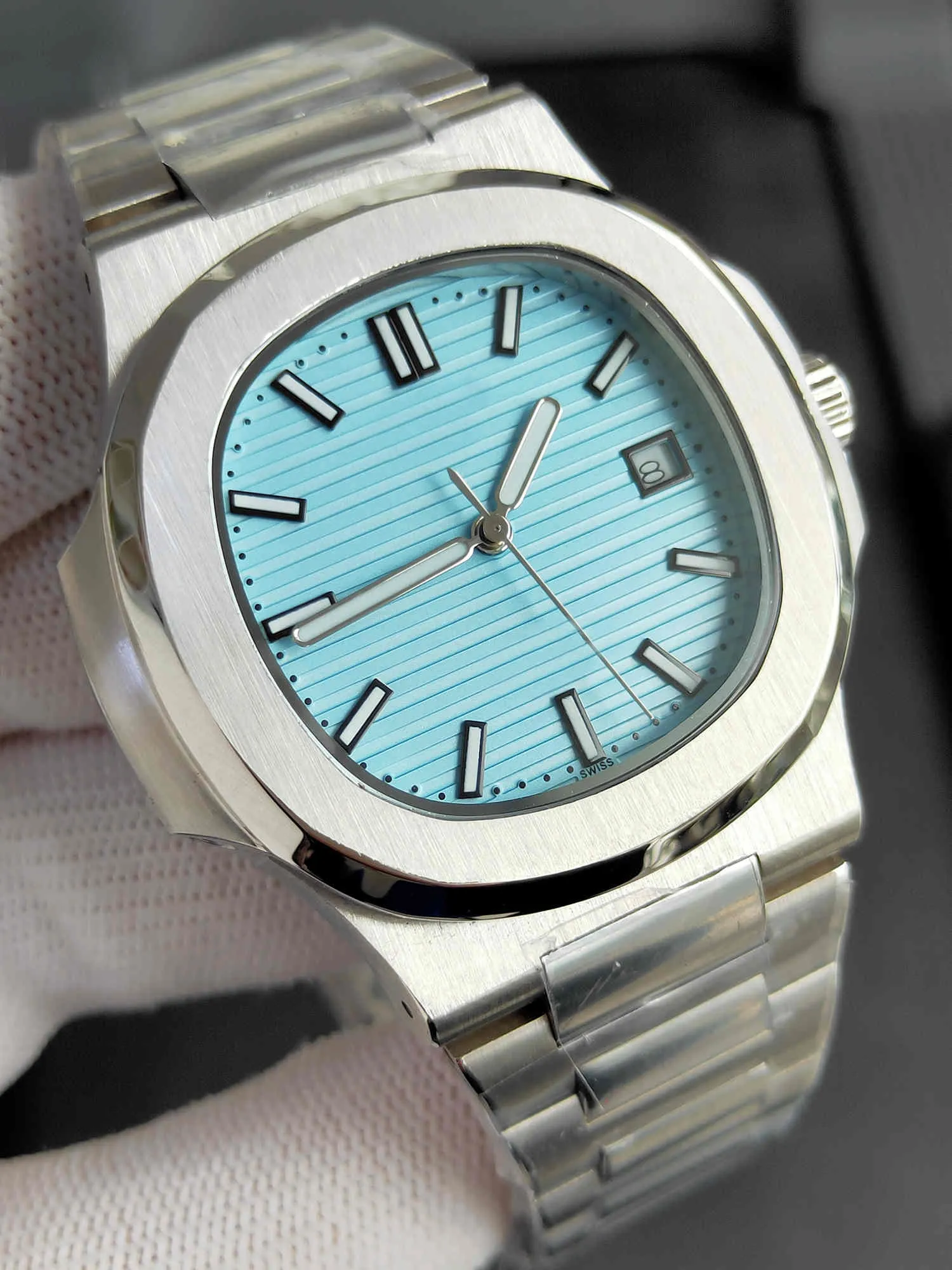 Moda luz azul cor homens relógio mecânico automático 40mm plena cinta de aço inoxidável mens relógio relógios de pulso relógio de pulso de alta qualidade festa presentes para homens relógio de pulso