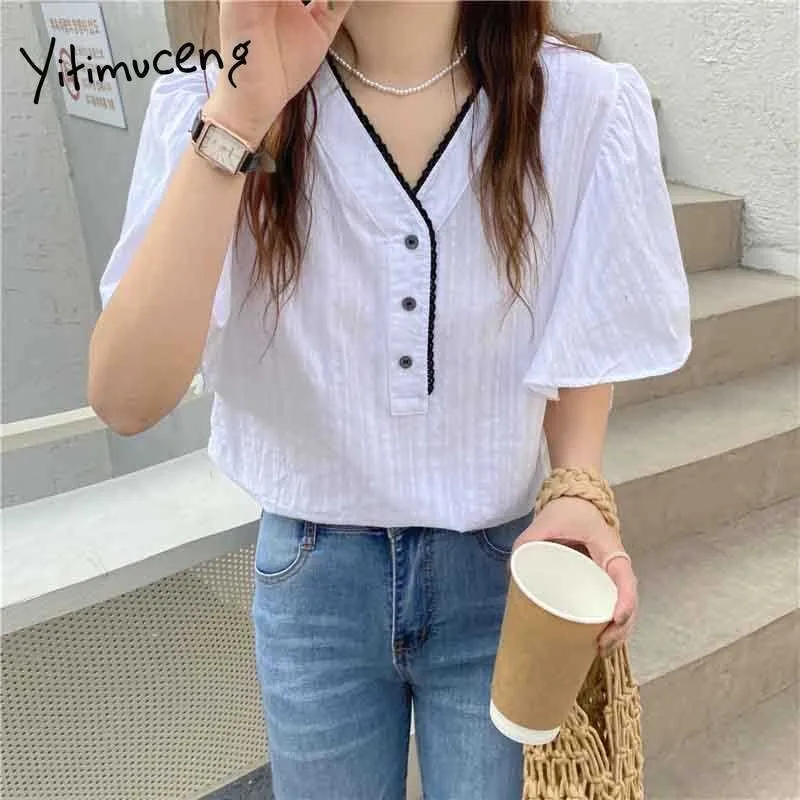 Yitimuceng Blouse Femmes Chemises Boutonnées Manches Volantes Unicolore Blanc Jaune D'été Mode Coréenne Bureau Lady Tops 210601