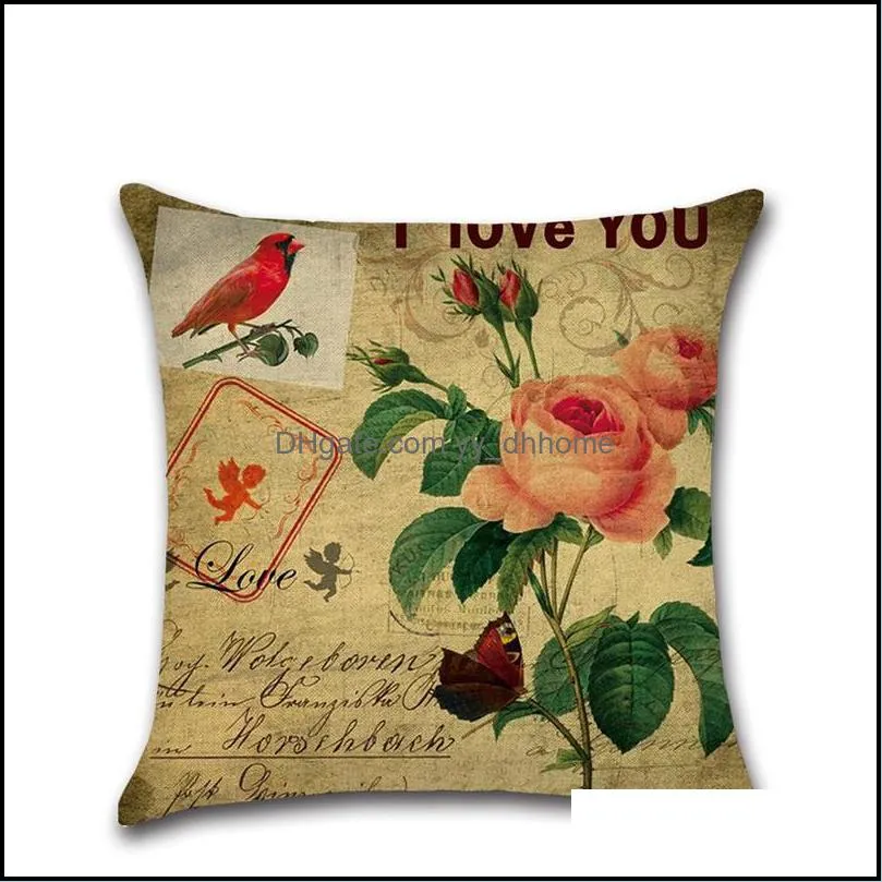 Vintage Rose Flower Pillow Case Cotton Linen Cushion Cover Office Sofa Car Throw Pillowcase Romantic American Country Home Decor
