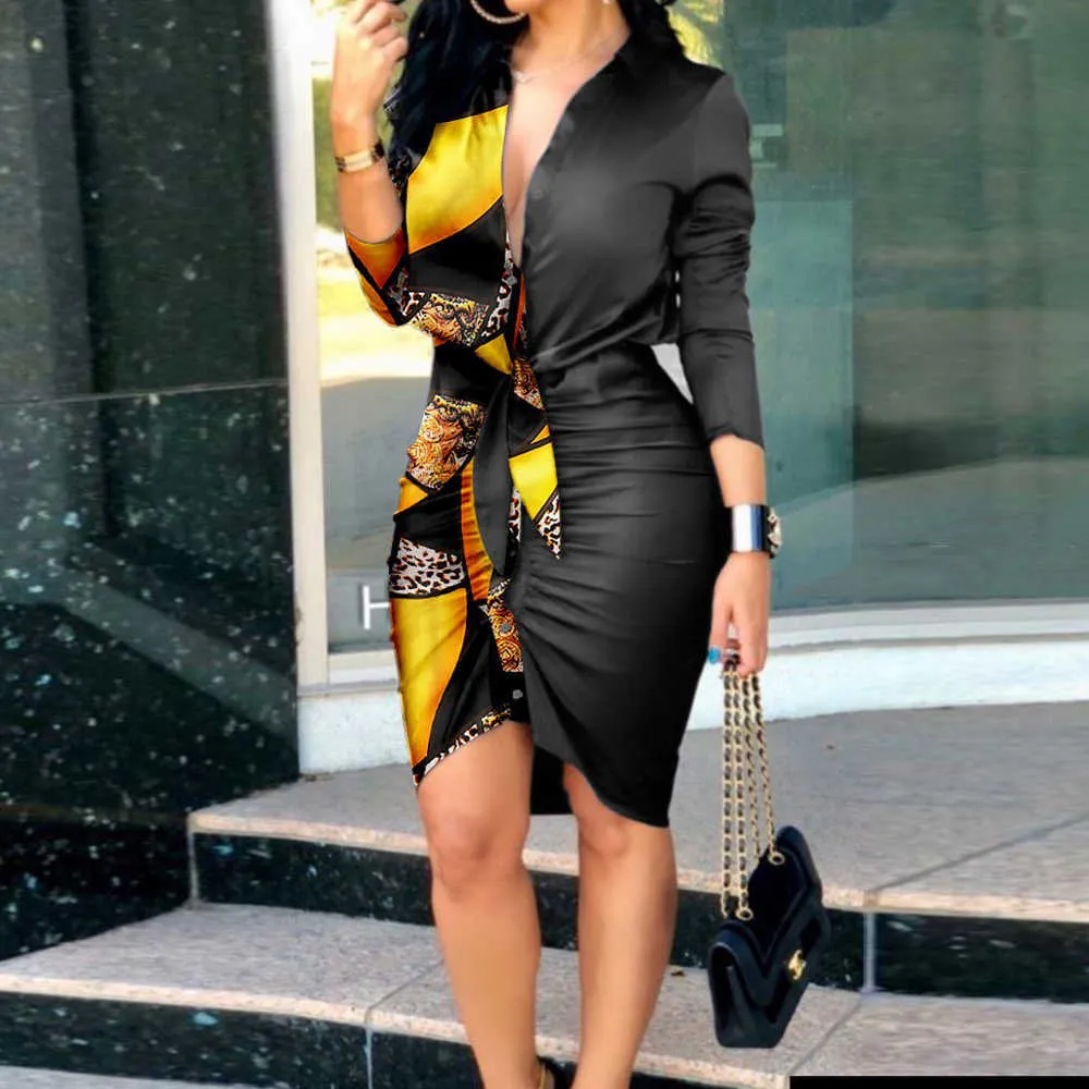 Womens Satin Patchwork V Neck Lace Up Long Sleeve Wrap Dress With