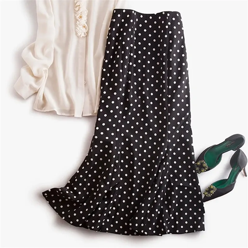 Fashion Polka Dot Girls Long jupe floral noir Elegant MAXI Office Zipe Kirts avec doublure plus taille M30241 210306
