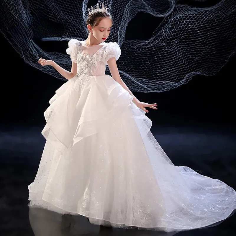 Vestidos de desfile para ni as de lujo Vestidos plateados con lentejuelas y esponjosos con hombros descubiertos Vestidos de ni a de flores fruncidos