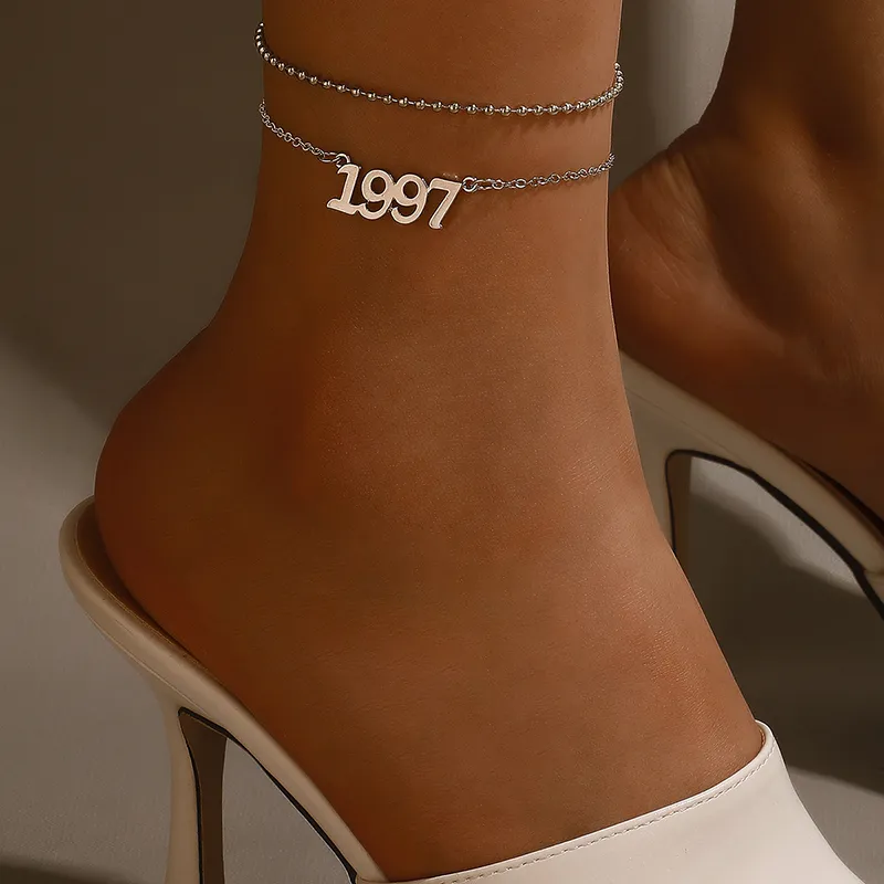 간단한 실버 컬러 라운드 비드 발목 여성용 기하학 문자 금속 계층화 된 발 사슬 패션 쥬얼리 2pcs / 세트