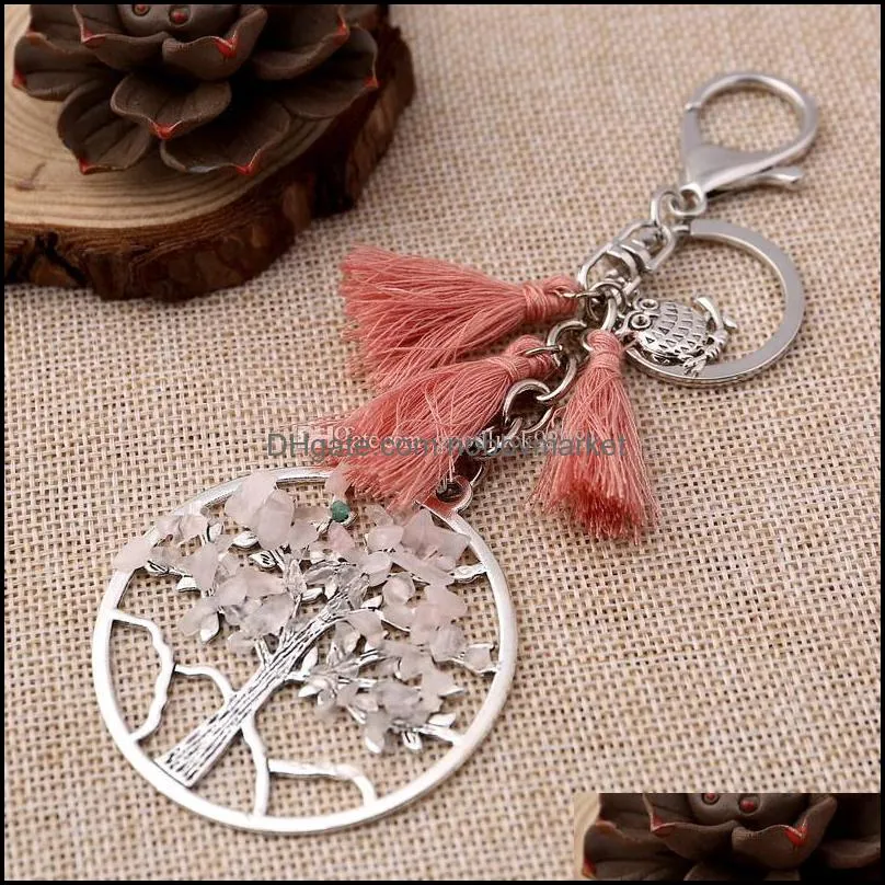 Natural Stone Tree of Life Keychain Tree Owl Tassel Key Chain Key Rings Bag Fashion