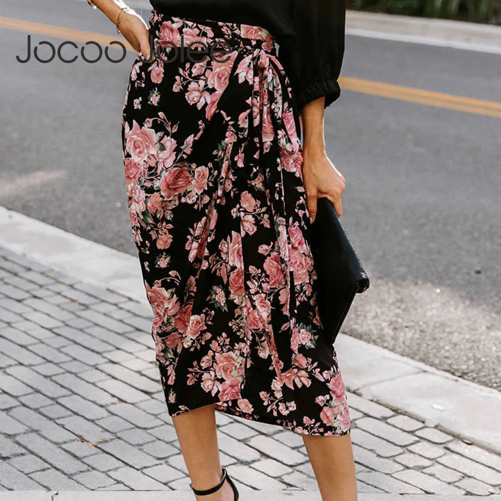 Jocoo Jolee Women Floral Print Lace Up Midi Skirts Summer Vintage Sexy Split Bandage Long Skirts Boho High Waist Irregular Beach 210619