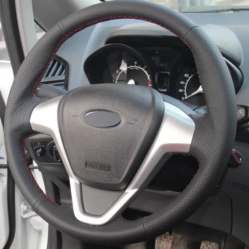 손으로 바느질 된 자동차 스티어링 휠 커버 DIY 소프트 블랙 정품 가죽 Ford Fiesta 2008-2013 EcoSport 2013-2016