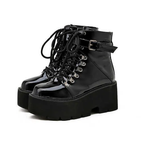 Gothic Black Leather Chunky Heel Platform Platform Boots Women For
