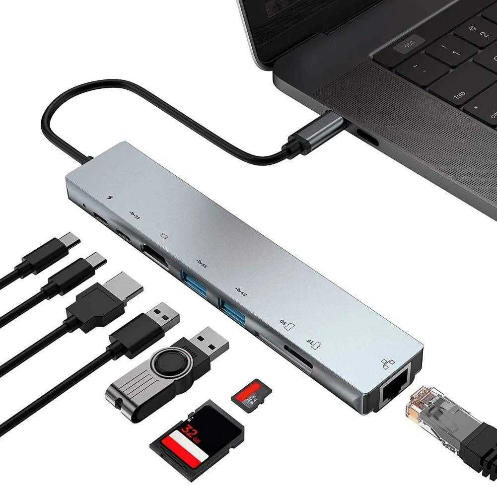 Docking station USB 8 in 1 Docking station da tipo C a 4K RJ45 Adattatore hub caricabatterie USB 3.0 TF PD Dock station per caricabatterie rapido