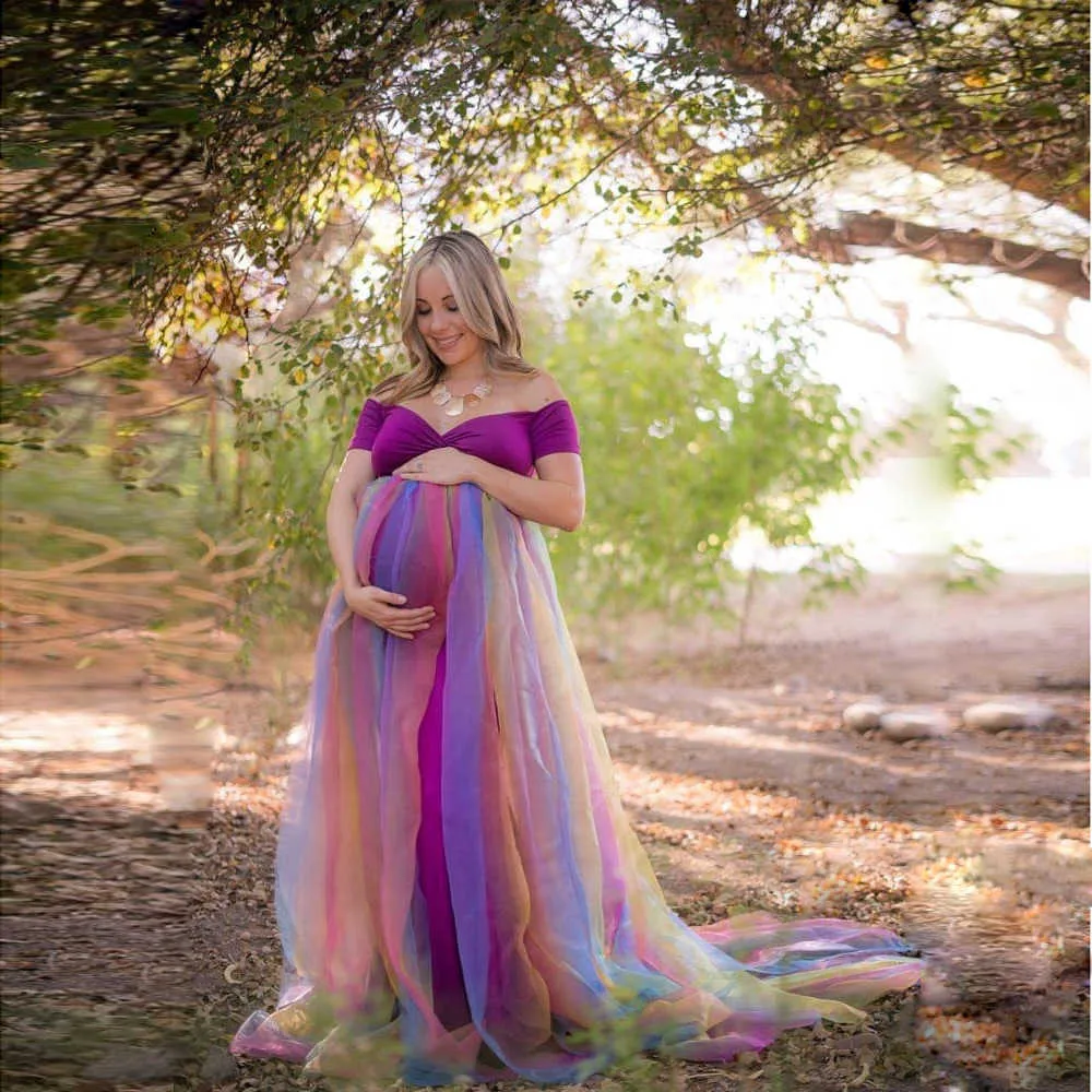 Rainbow Tutu sukienki ciążowe Fotografia Rekwizyty Ciąża Dress Fotografia Tutu Sukienka ciążowa dla fotografii Shoot Maxi Dress Q0713